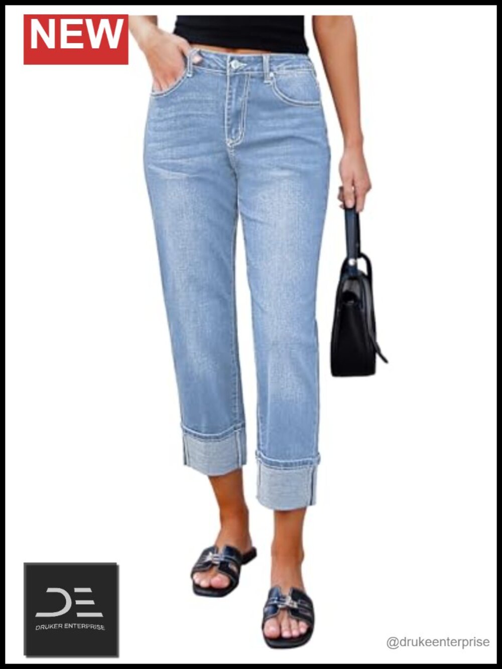 High Rise Straight Leg Cropped Cuffed Hem Denim Jeans with Pockets